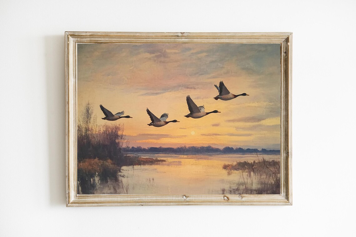 Ducks In Flight Over Marsh At Sunset Vintage Wildlife Scene Print