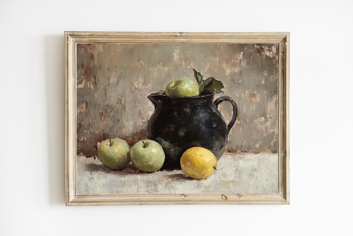 Black Pitcher Green Apples Lemon Vintage Still Life Oil Poster