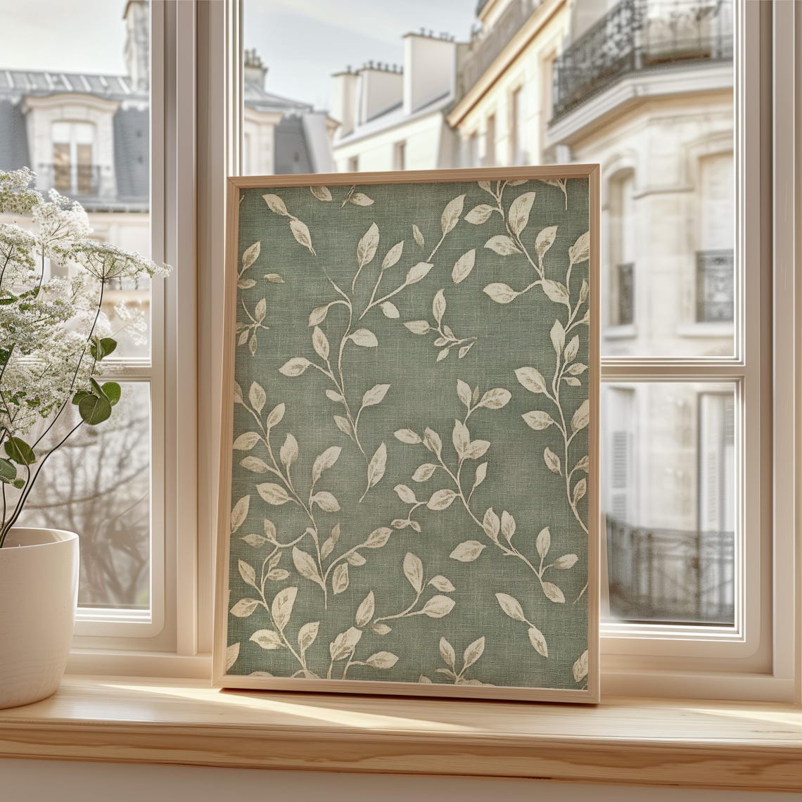 Sage Green Botanical Leaf Pattern Vintage Nursery Wall Poster