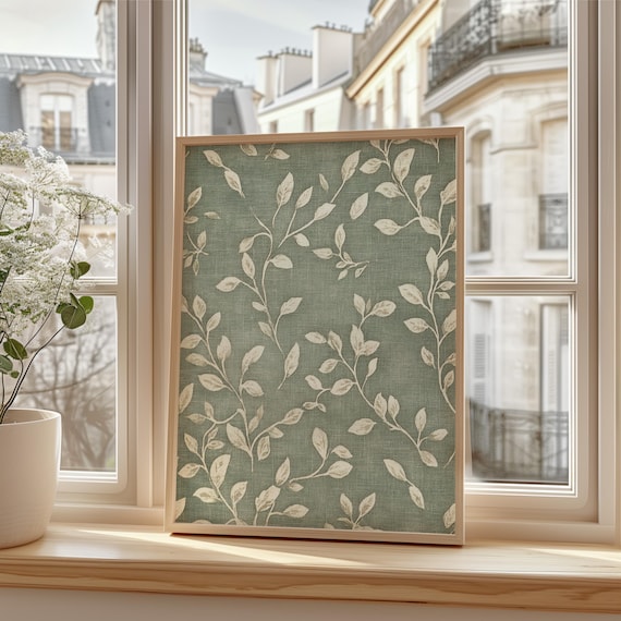 Sage Green Botanical Leaf Pattern Vintage Nursery Wall Poster