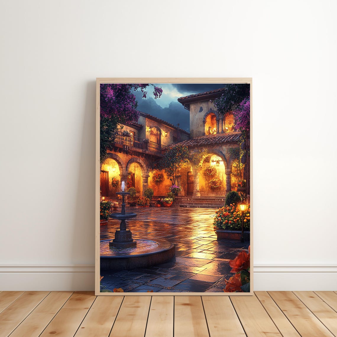 Old Spanish Hacienda Courtyard Night Fountain Archway Art Print