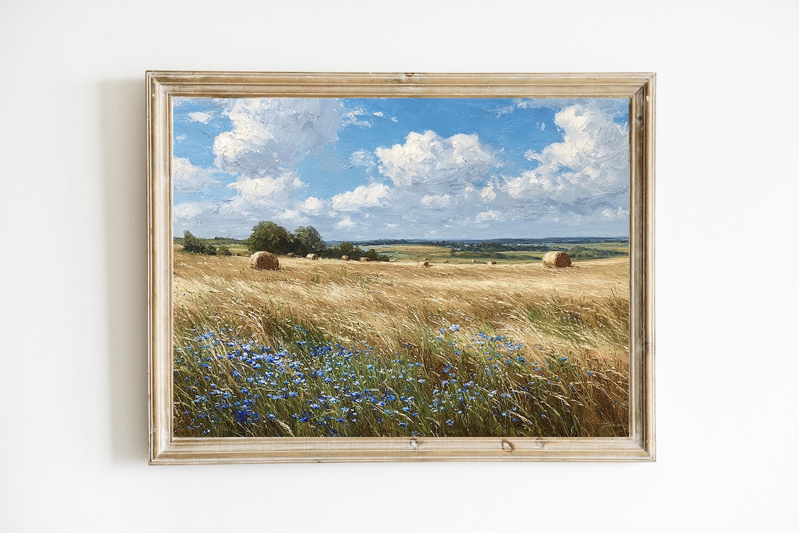 Vintage Golden Hay Field Blue Wildflowers Countryside Poster