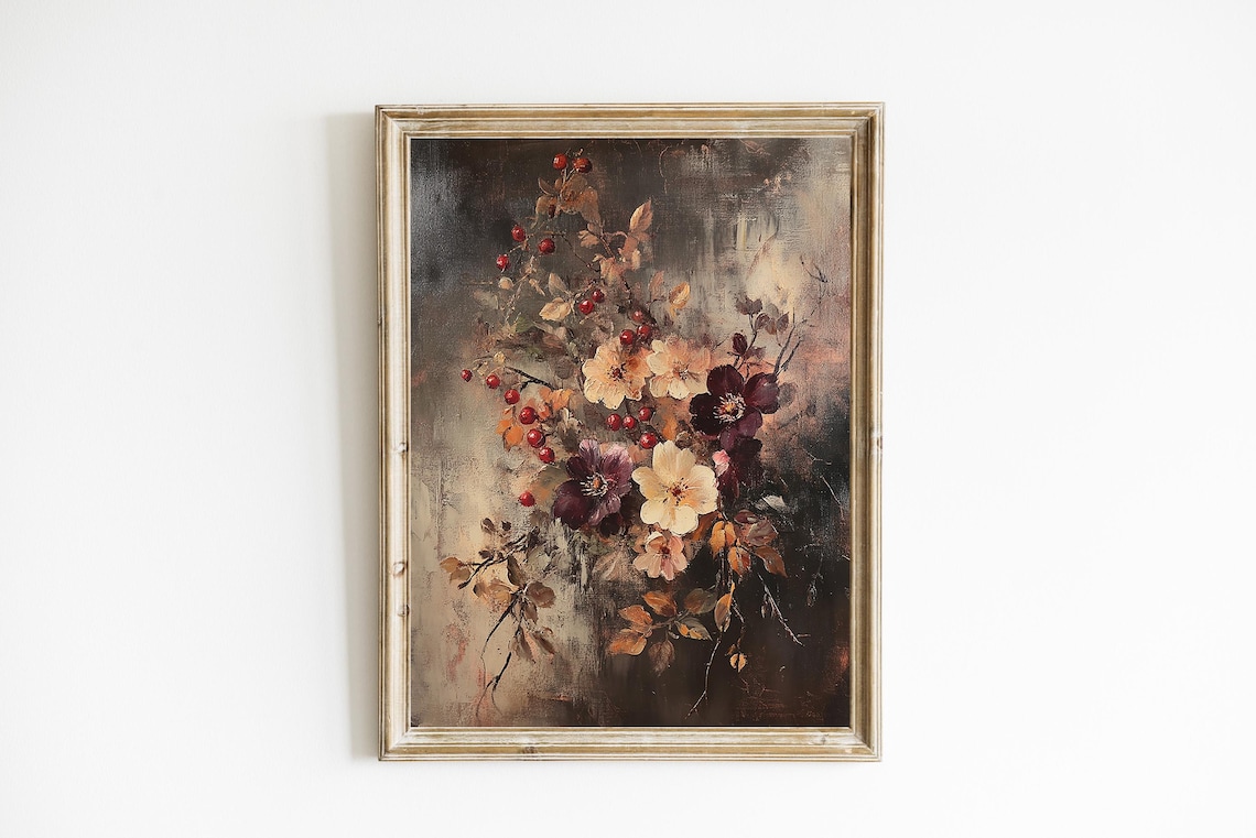 Moody Dark Floral Still Life with Red Berries Vintage Oil Print