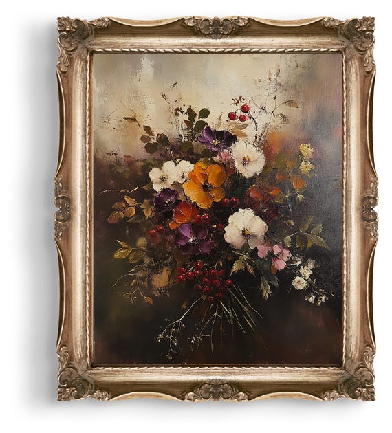 Dark Autumn Botanical Vintage Still Life Fall Floral Painting Moody Wall Art E986
