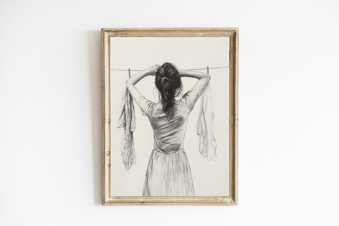 Vintage Drawing Of Woman Hanging Laundry, Farmhouse Art Print