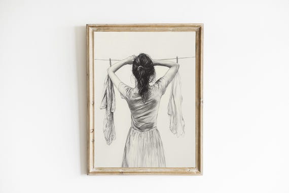 Vintage Drawing Of Woman Hanging Laundry, Farmhouse Art Print
