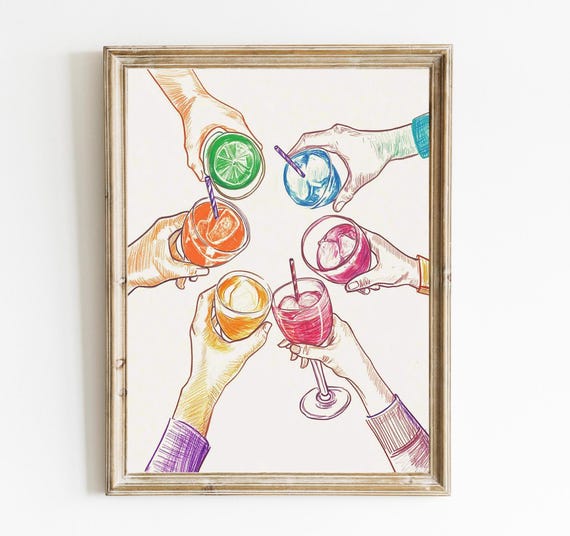 Cheers Bar Cart Decor Contemporary Wall Art Trendy Print Retro Kitchen Modern Colorful E493