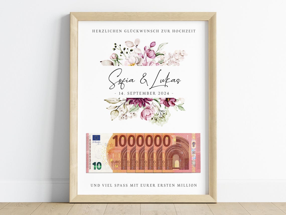 Erste Million Wedding Cash Money Gift Floral Personalized Poster