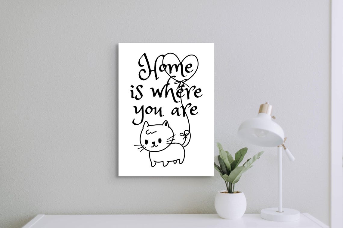 Home Is Where You Are Cat Heart Balloon Cute Quote Wall Art Poster - Image 3