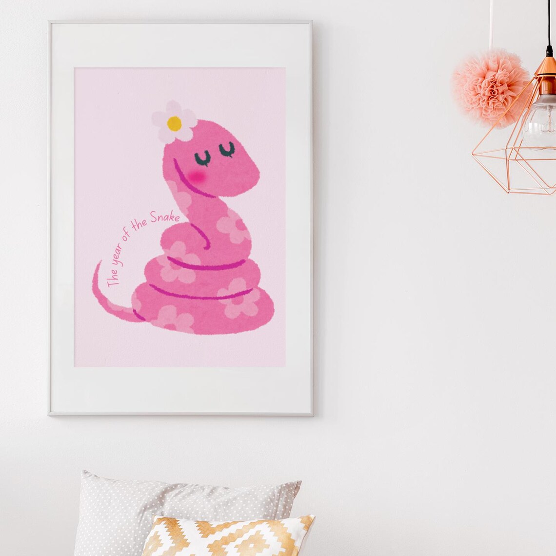 Cute Pink Snake Year Of The Snake Floral Nursery Wall Art Poster - Image 2