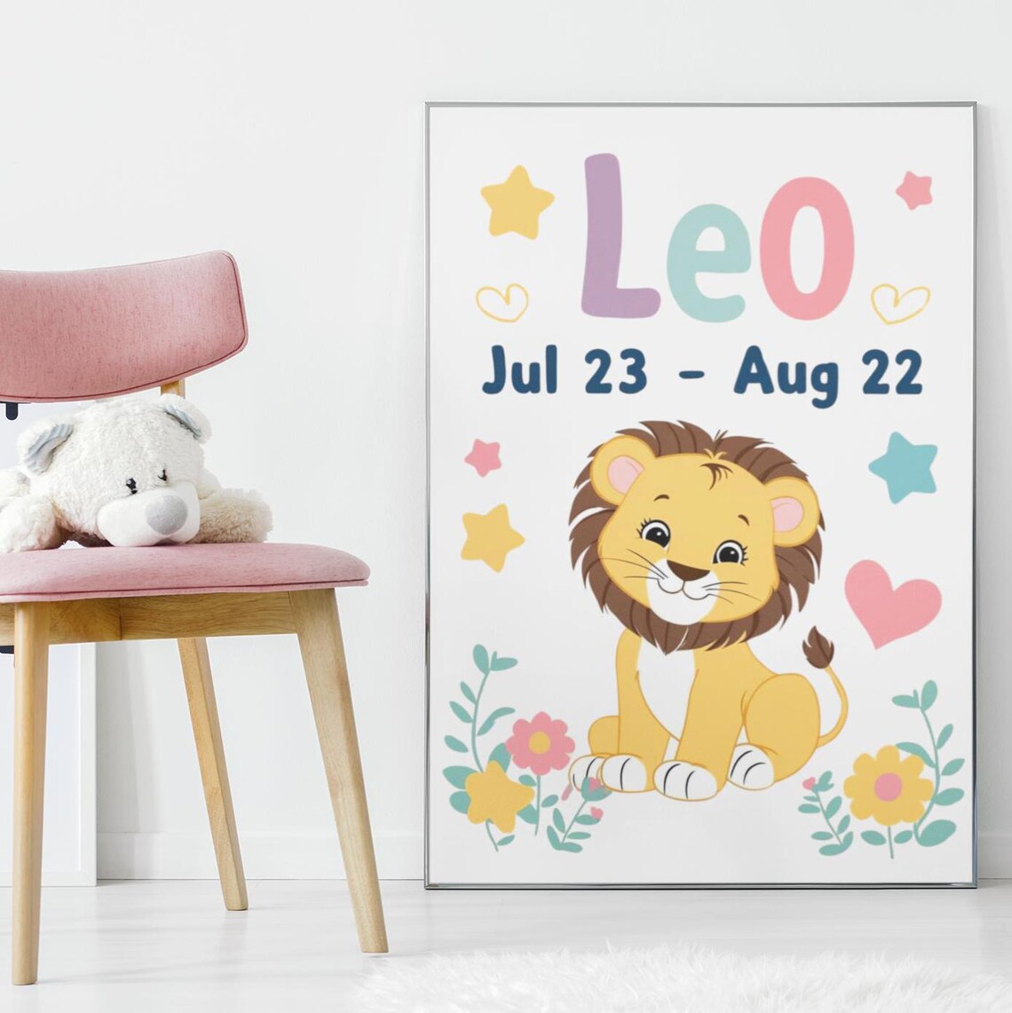 Leo Zodiac Nursery Print Cute Baby Lion Floral Kids Room Decor