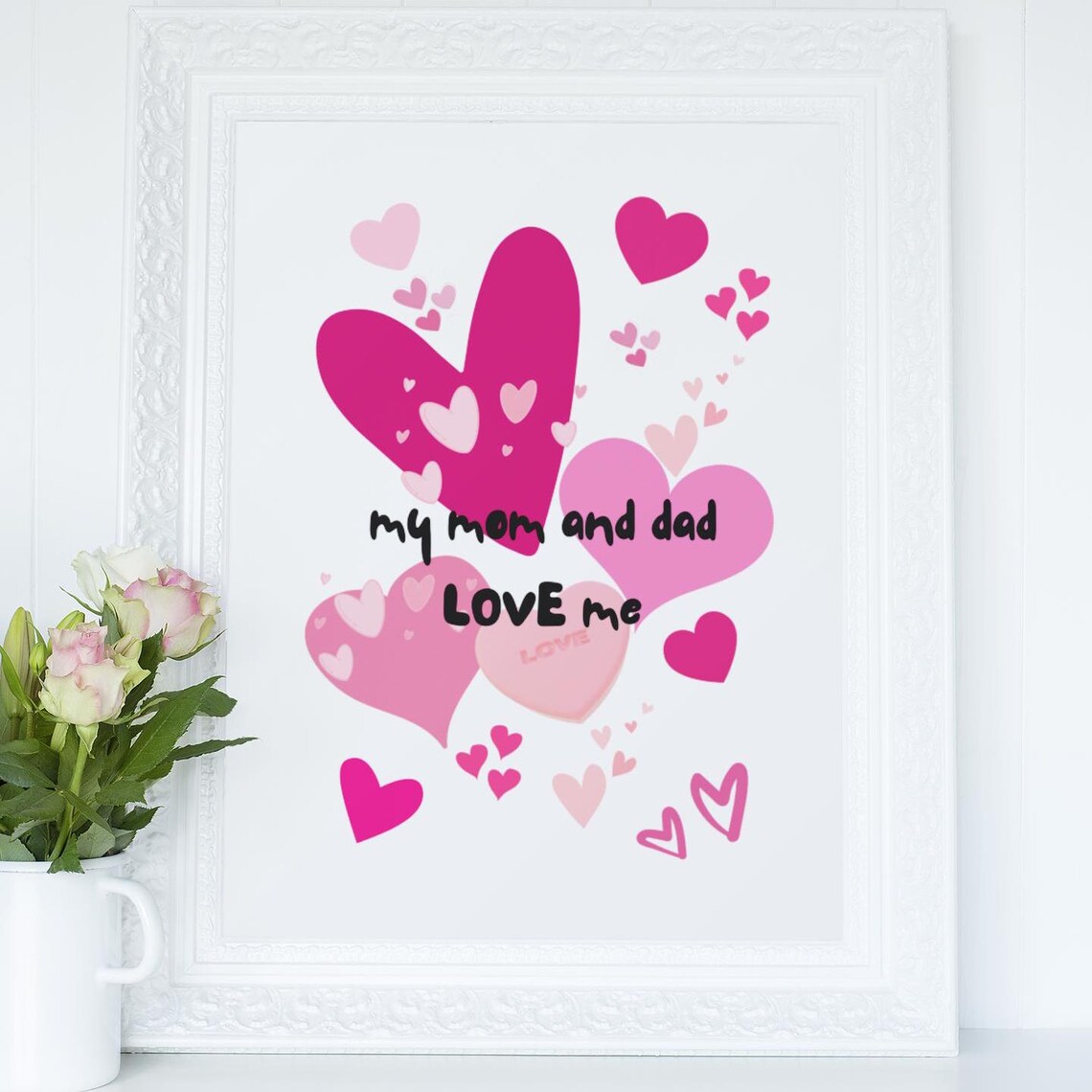My Mom And Dad Love Me Pink Hearts Nursery Kids Room Wall Art