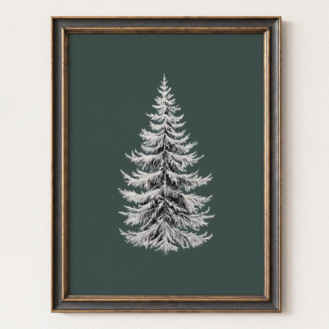 White Evergreen Pine Tree on Deep Green Rustic Christmas Art Print