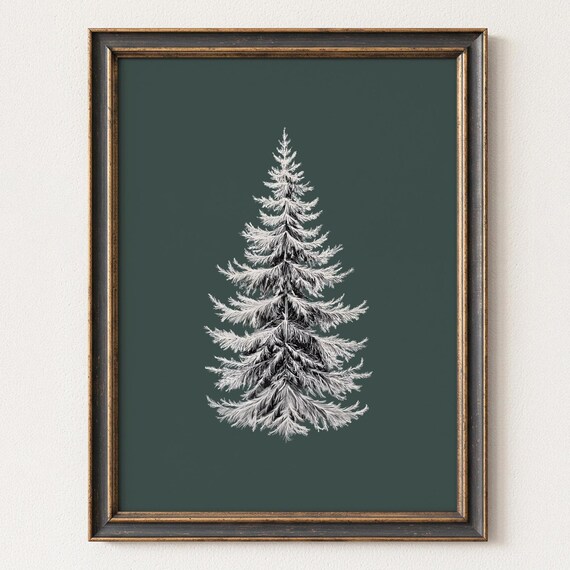 White Evergreen Pine Tree on Deep Green Rustic Christmas Art Print