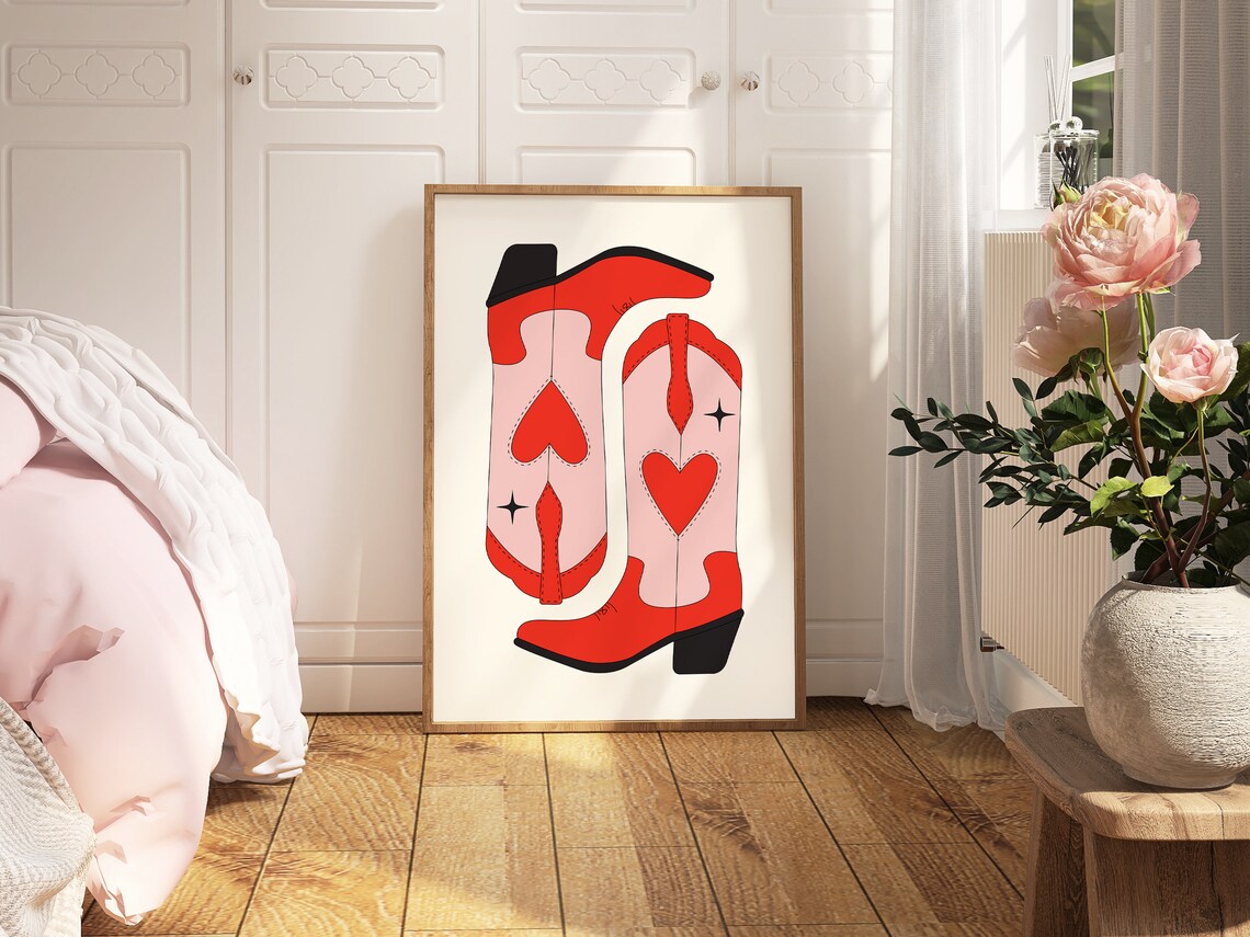 Red Heart Cowboy Boots Pink Valentines Western Cowgirl Poster