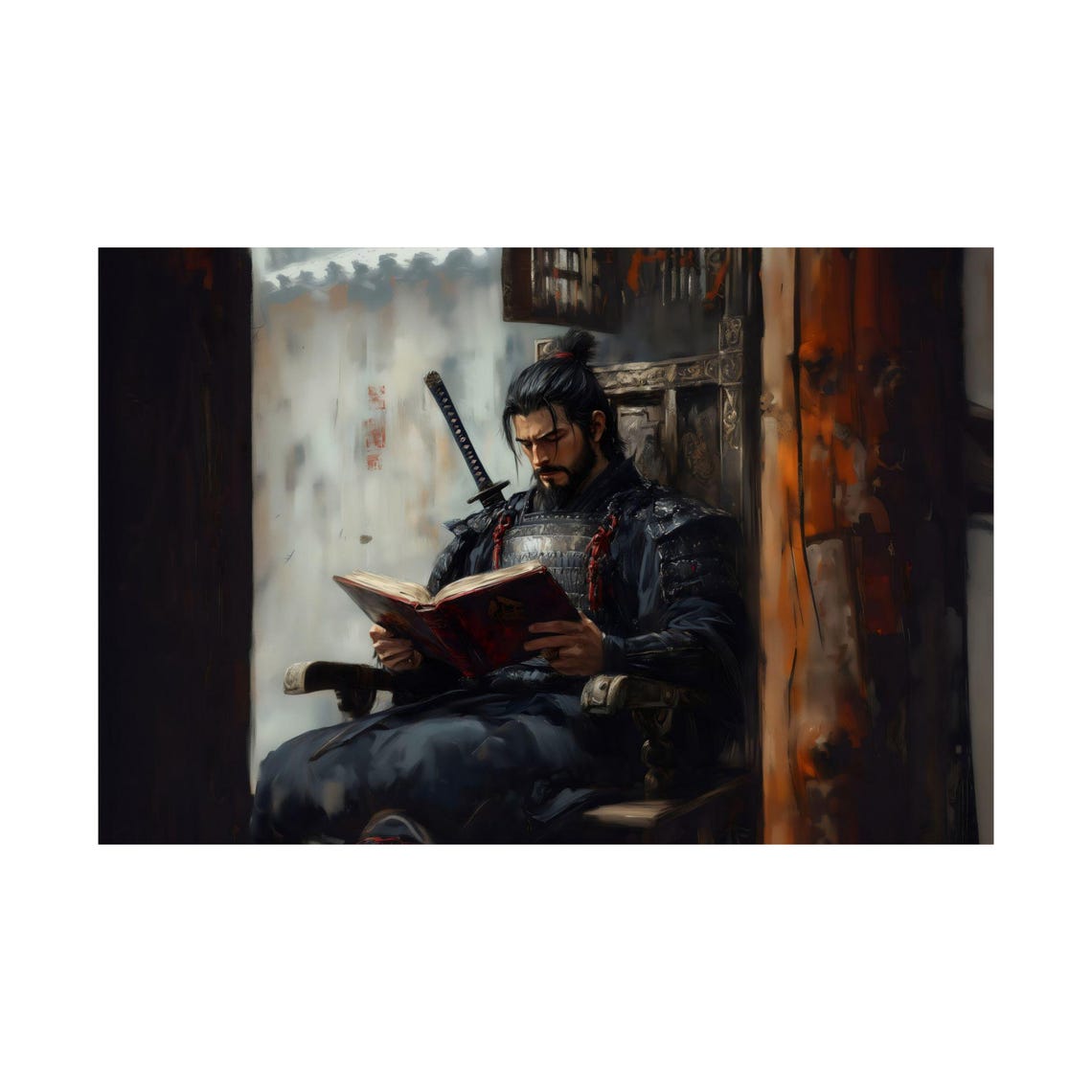 Samurai Reading A Red Book With Katana Moody Japanese Poster - Image 2