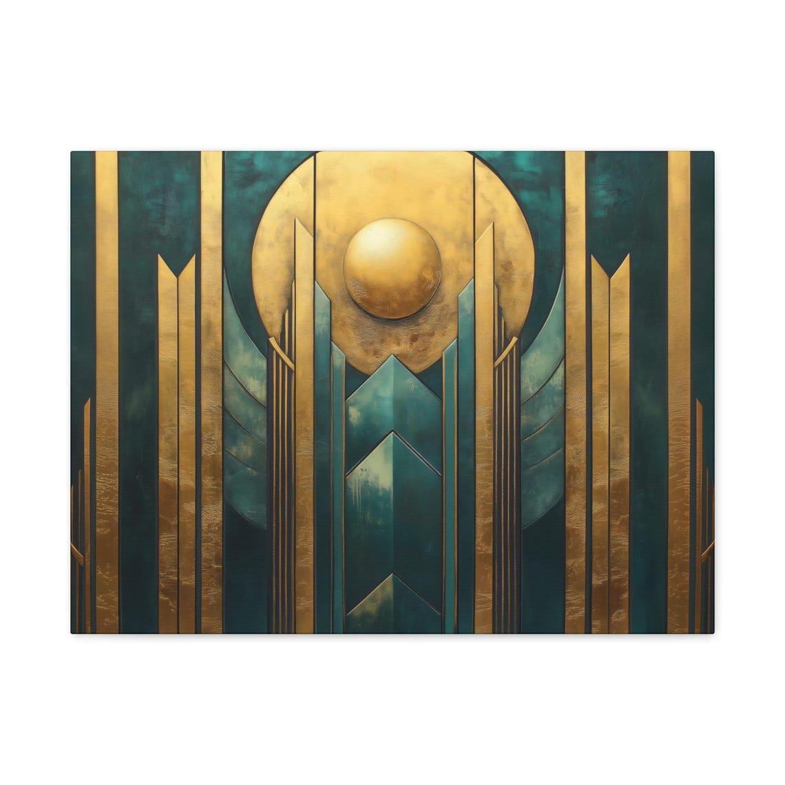 Golden Sun Over Teal Art Deco Skyscrapers Geometric Wall Art - Image 3