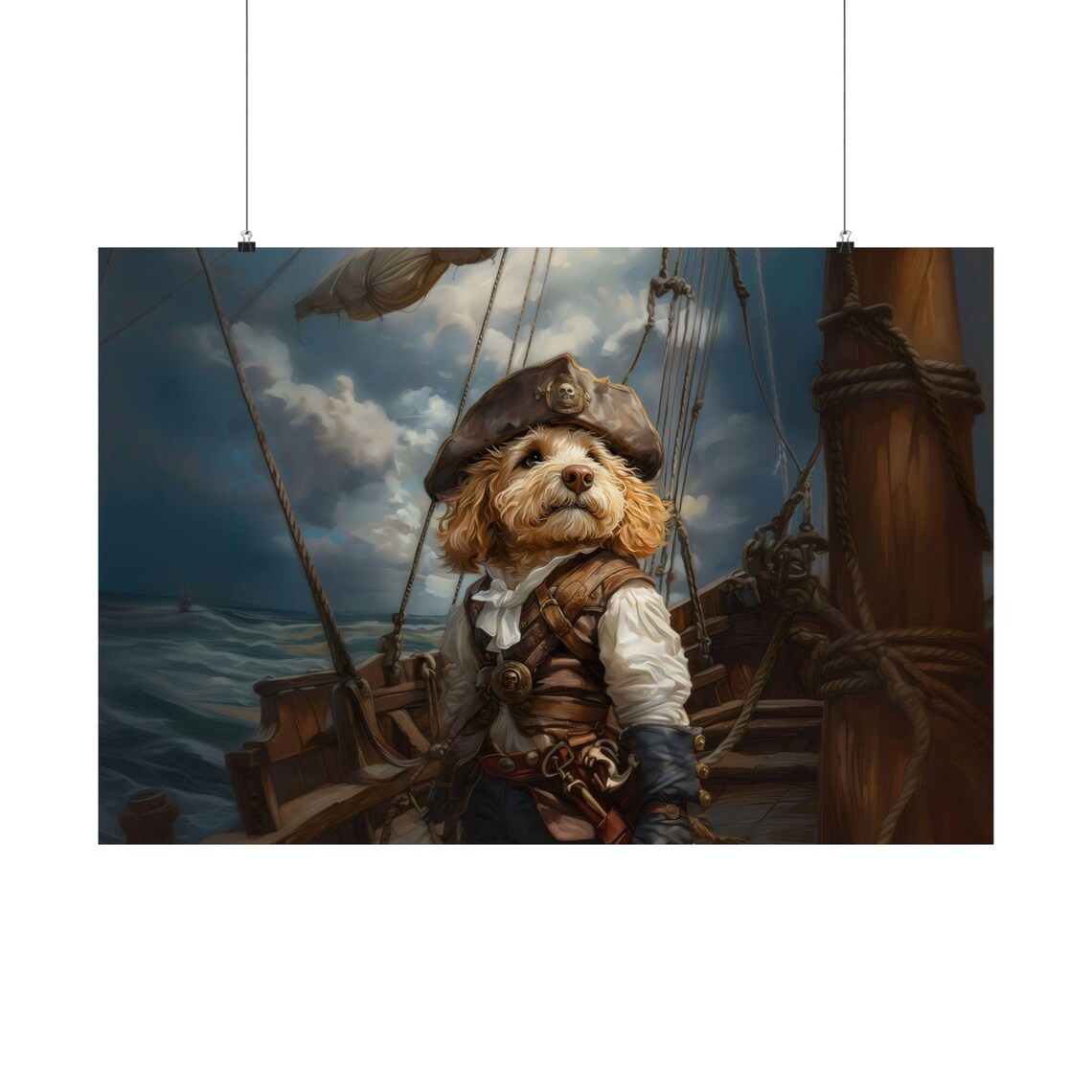 Doodle Pirate Tall Ship Stormy Sea Cinematic Canine Captain Art Poster