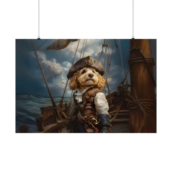 Golden Doodle Pirate Maximalist Eclectic Victorian Poster Print Bold Altered Party Animal Portrait Fantasy Colorful Renaissance Rustic