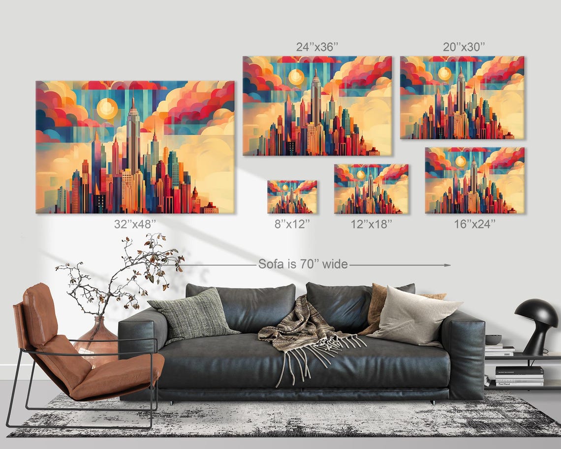 Bold Geometric Art Deco NYC Skyline With Sun And Clouds Wall Art - Image 3