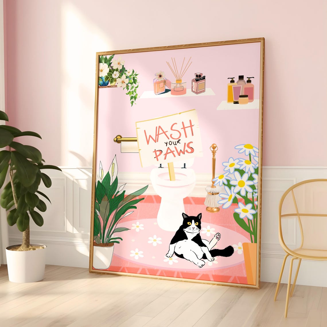 Wash Your Paws Black Cat In Pink Botanical Bathroom Fun Poster