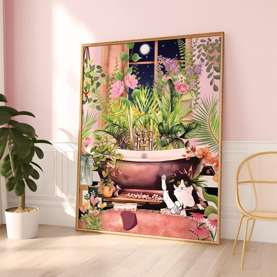 Black Cat By The Bathtub In Moonlit Botanical Bathroom Poster