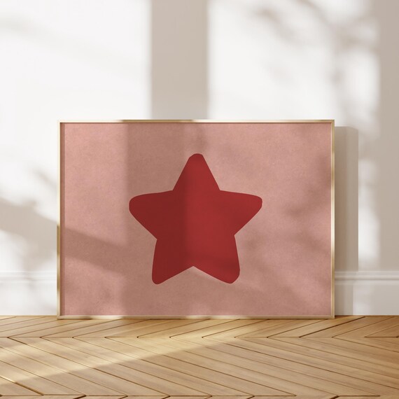 Retro Star Print Redpink Poster Horizontal Handdrawn Trendy Wall Art Bar Cart Decor