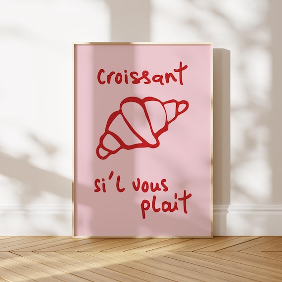 Croissant Sil Vous Plait Pink French Bakery Hand Lettered Poster