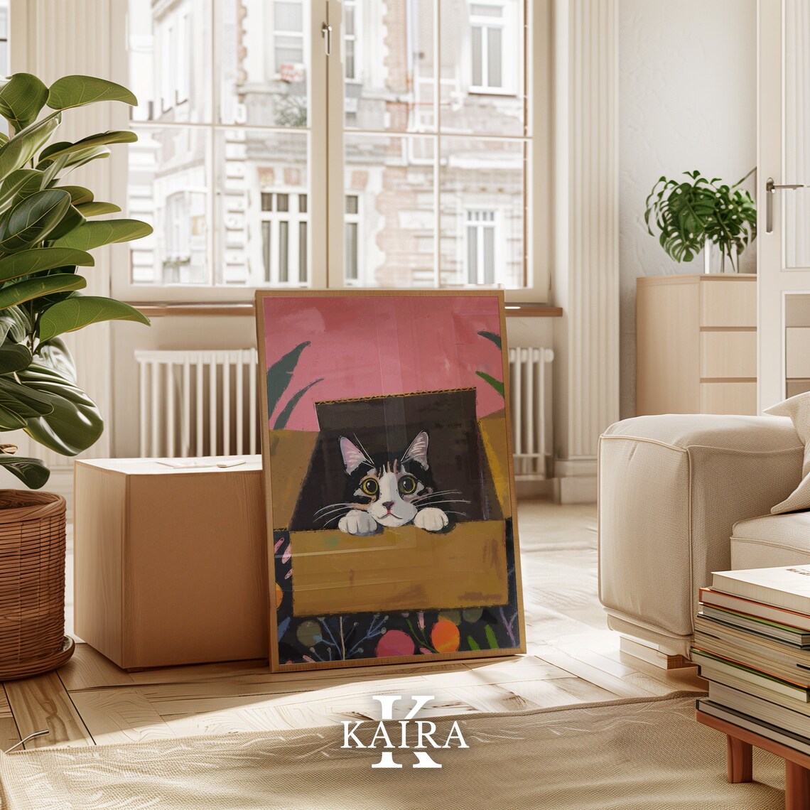 Wide Eyed Calico Kitten Peeking Out Of A Cardboard Box Cute Art Poster - Image 2