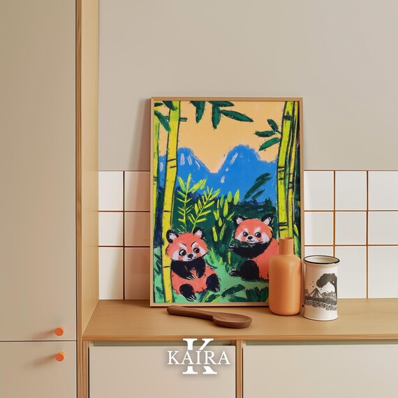 Two Cute Red Pandas Playing Together in a Green Bamboo Forest Poster