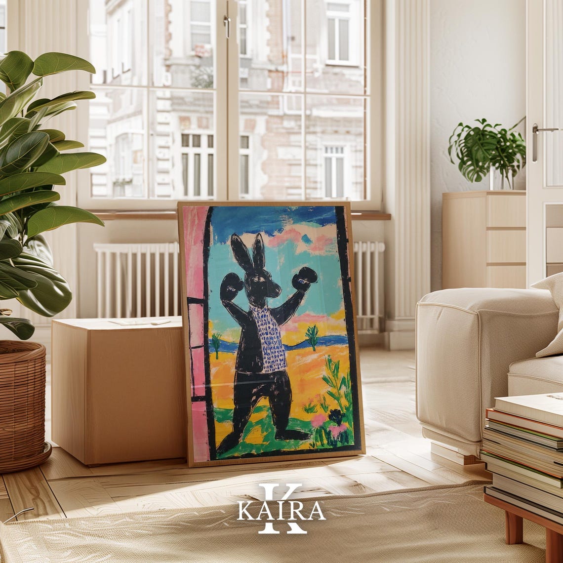 Black Rabbit Boxer Raising His Gloves in the Golden Desert Poster - Image 3