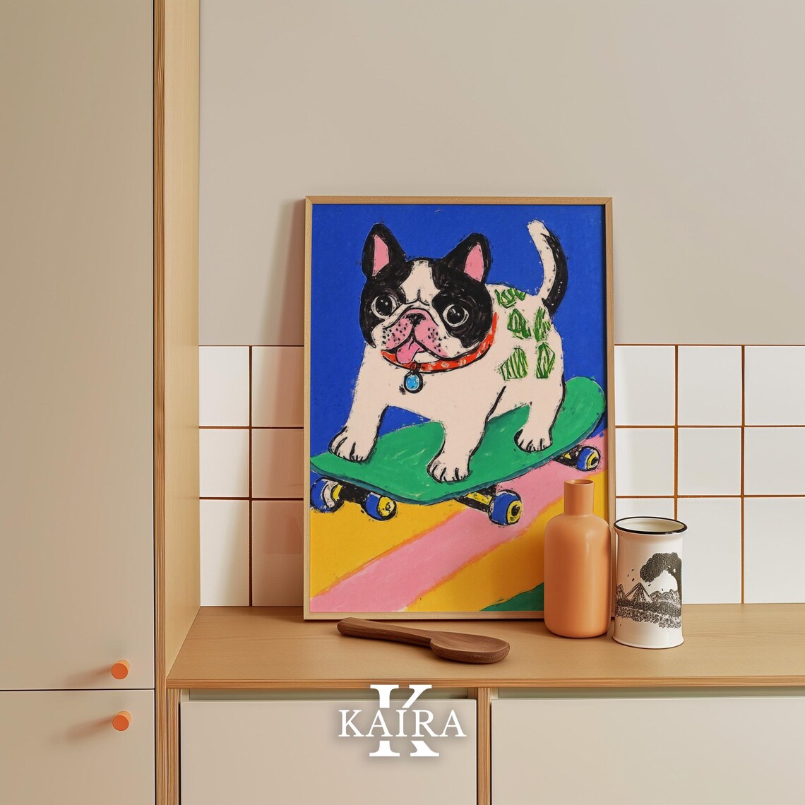 Happy French Bulldog Puppy Riding a Big Green Skateboard Poster - Image 5