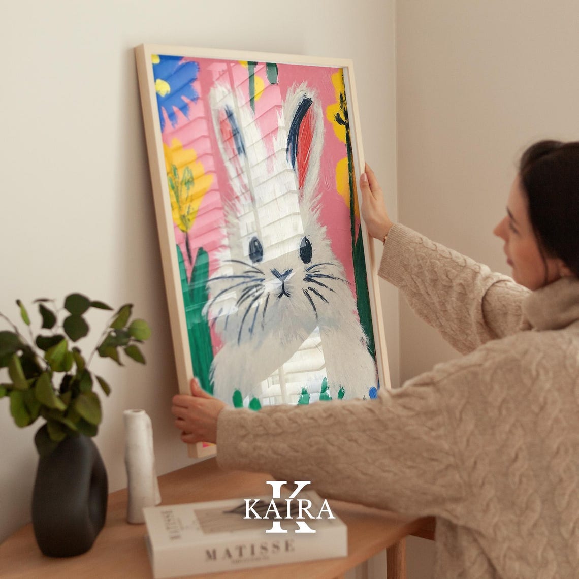 Fluffy White Bunny Rabbit Portrait Among Spring Flowers Poster - Image 2