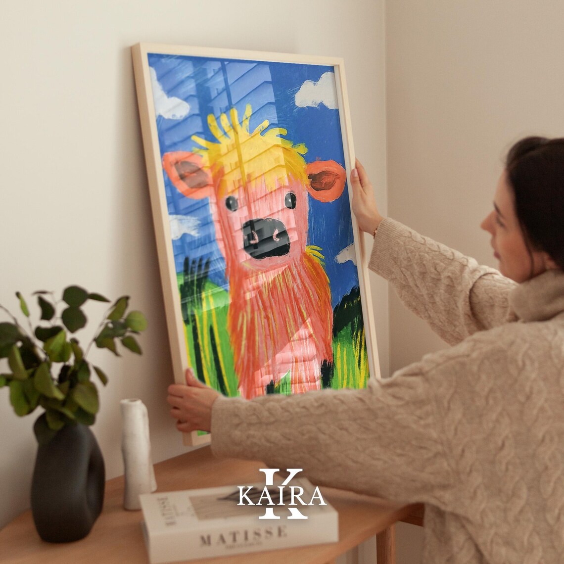 Fluffy Coral Highland Cow With a Yellow Forelock in a Field Poster - Image 2