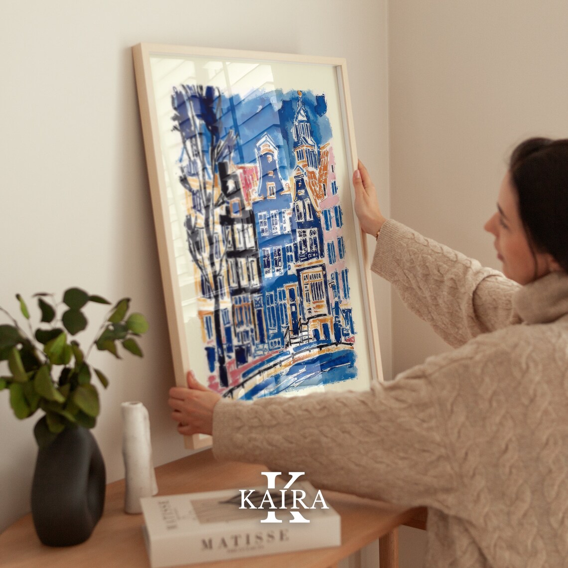 Amsterdam Canal Houses in Loose Blue and Gold Watercolor Poster - Image 5