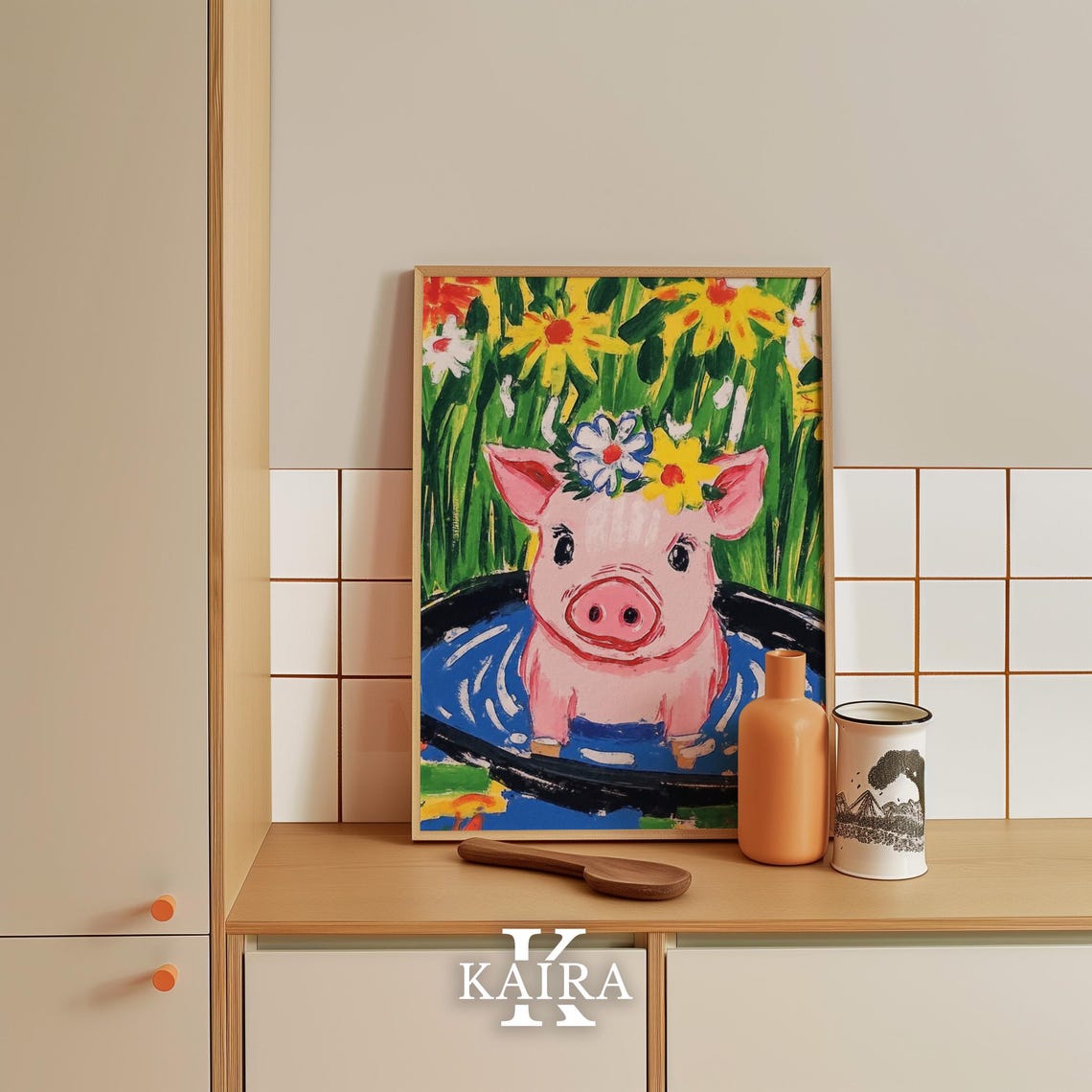 Pink Piglet Bathing in a Blue Tub Wearing a Flower Crown Poster - Image 4