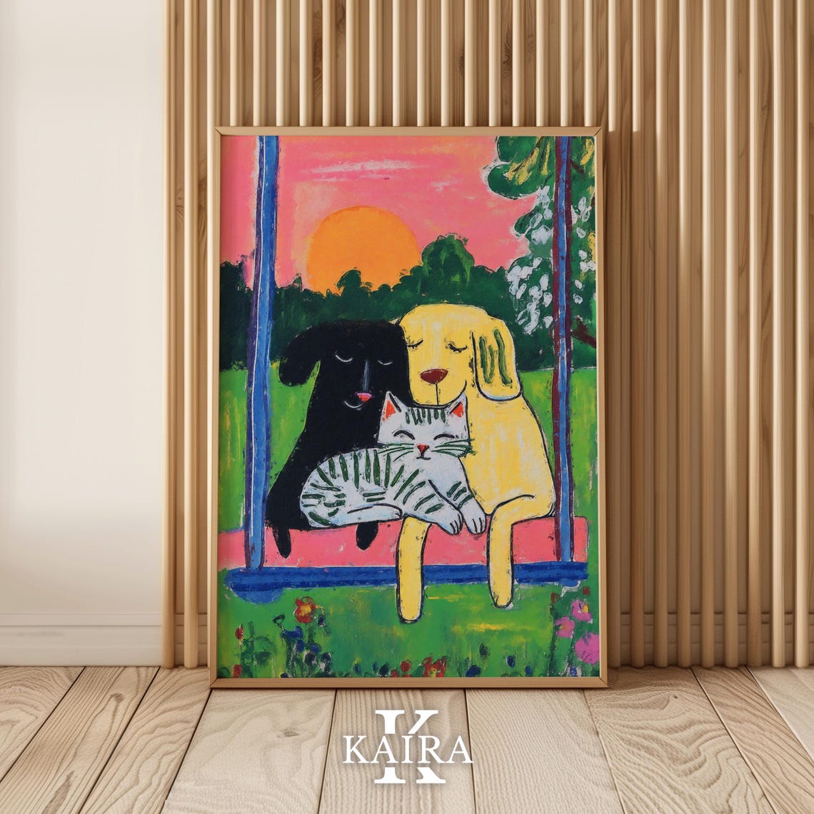 Two Dogs and a Tabby Cat Sitting Together on a Swing at Sunset Poster