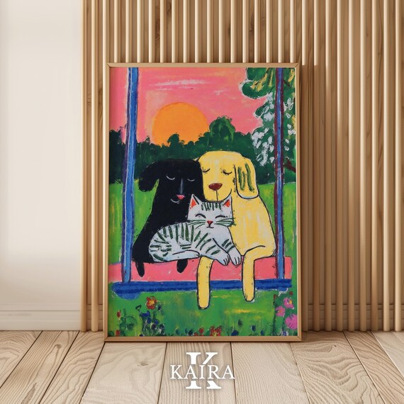 Two Dogs and a Tabby Cat Sitting Together on a Swing at Sunset Poster