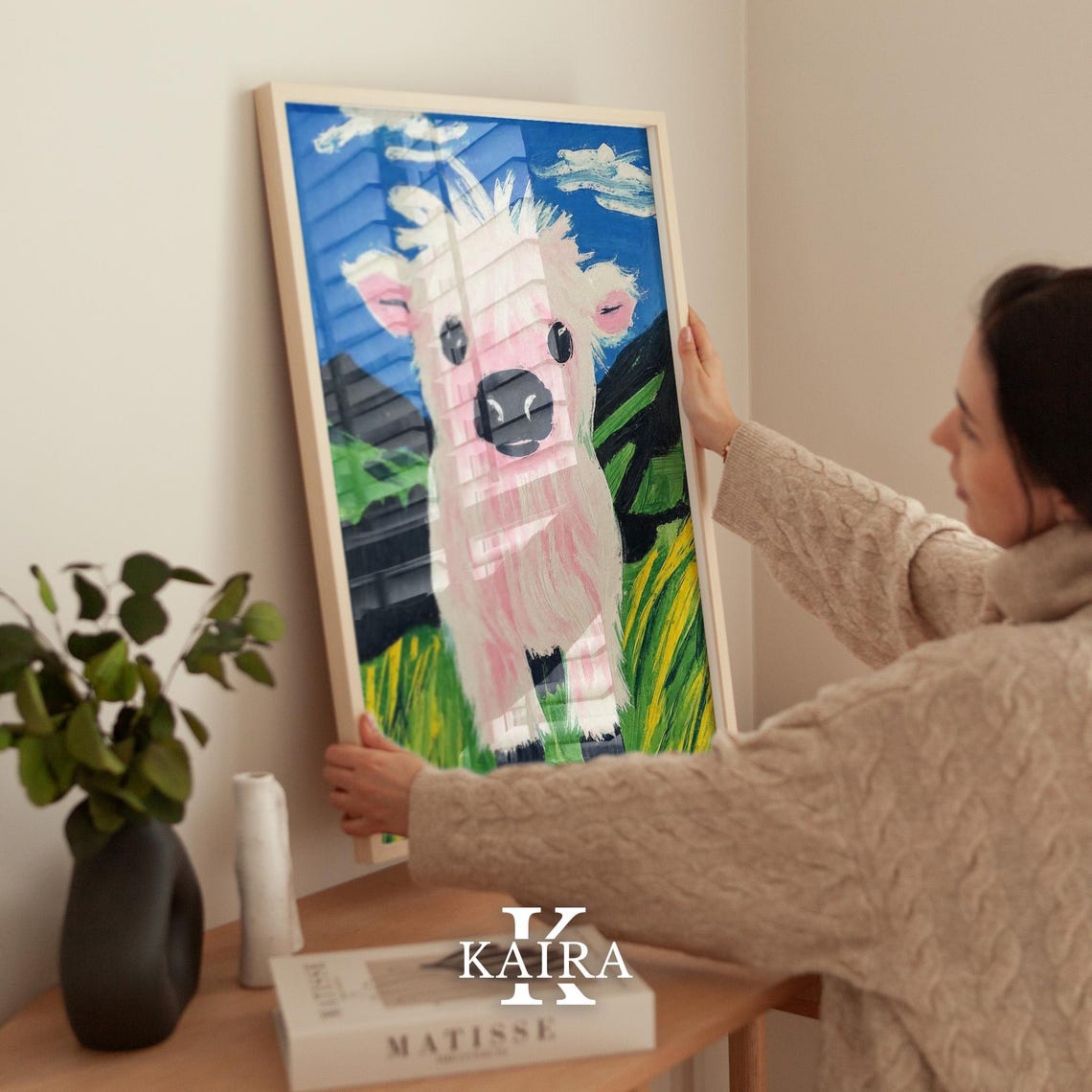 Fluffy Pink Highland Cow Calf in a Sunny Green Pasture Poster - Image 2