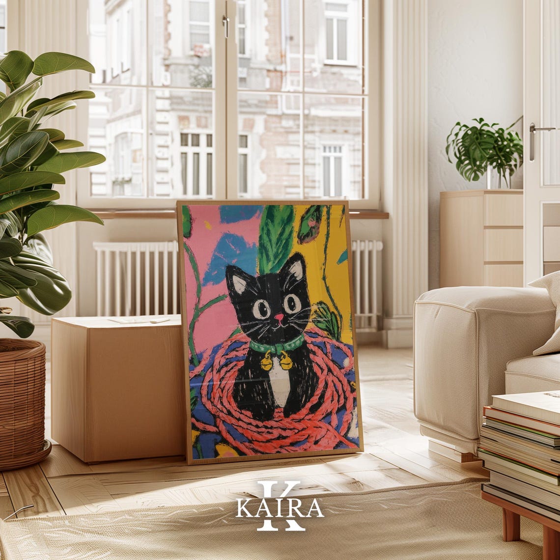 Black Kitten with a Golden Bell Collar Resting in Red Yarn Poster - Image 3