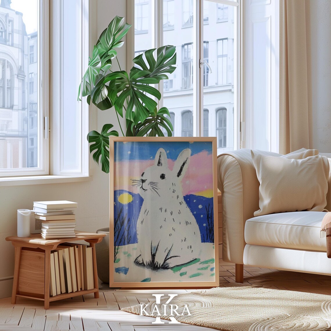 White Snow Rabbit Gazing Up At The Moon In A Winter Night Sky Poster - Image 4