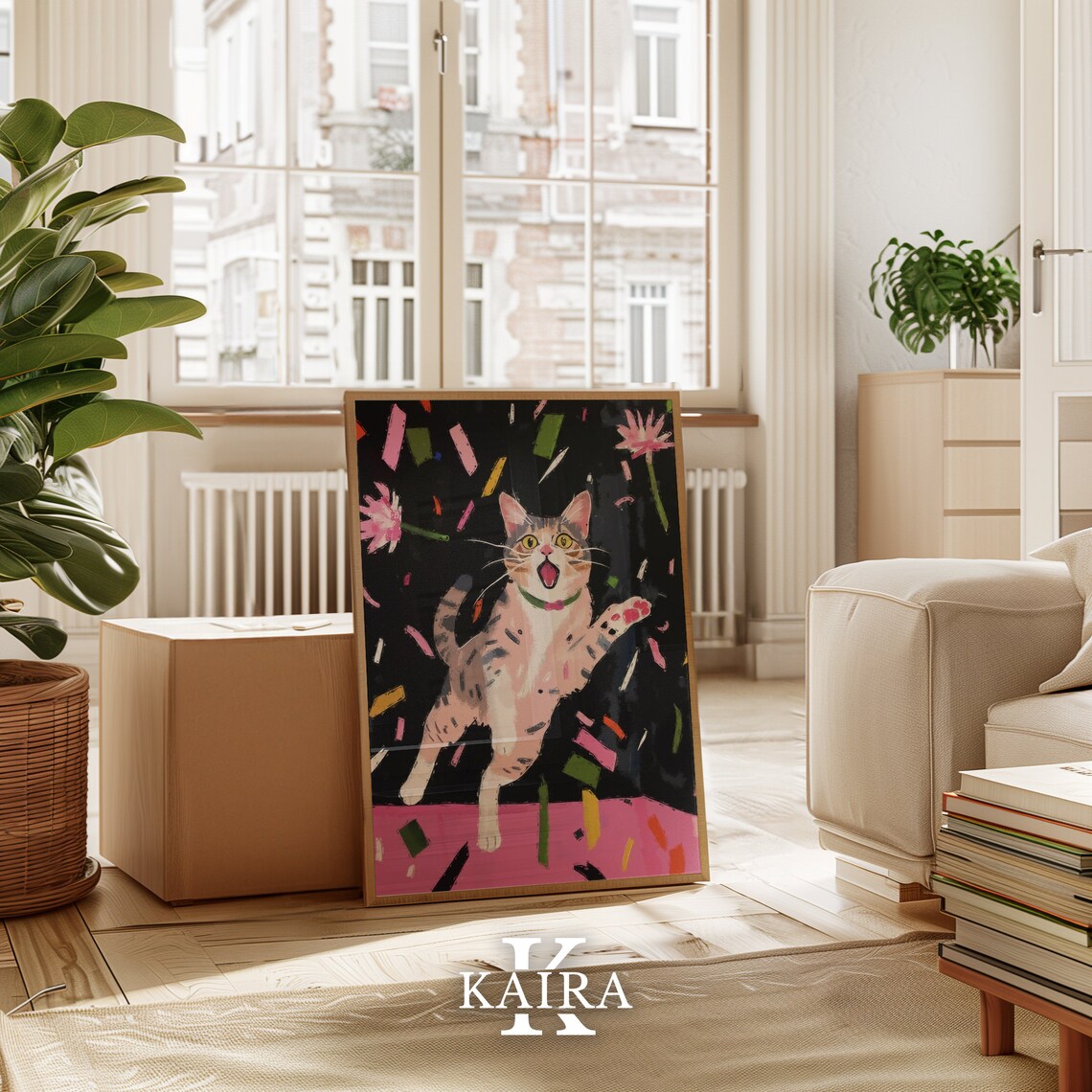 Joyful Tabby Kitten Leaping Through Confetti And Flowers Party Art Poster - Image 3