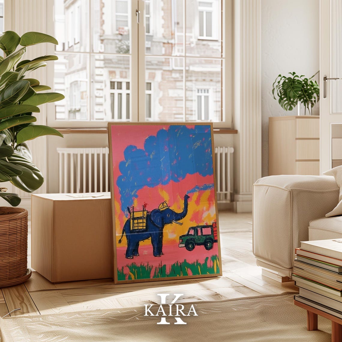 Elephant Firefighter and Fire Truck at a Blazing Sunset Poster
