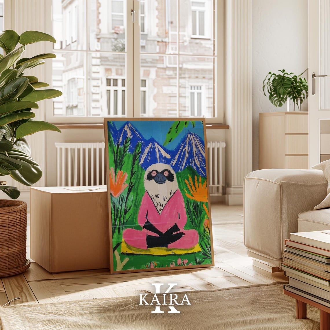 Dreamy Sloth in a Pink Robe Sitting in a Mountain Garden Poster - Image 2