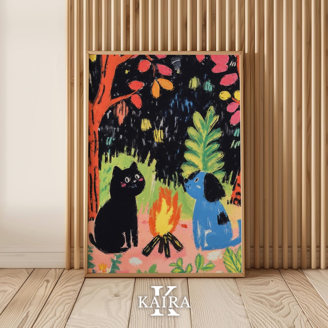 Black Cat and Blue Dog Sharing a Campfire Under the Night Stars Poster