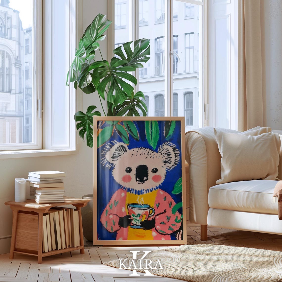 Cozy Koala Sipping Hot Tea in a Pink Knit Sweater at Night Poster - Image 3