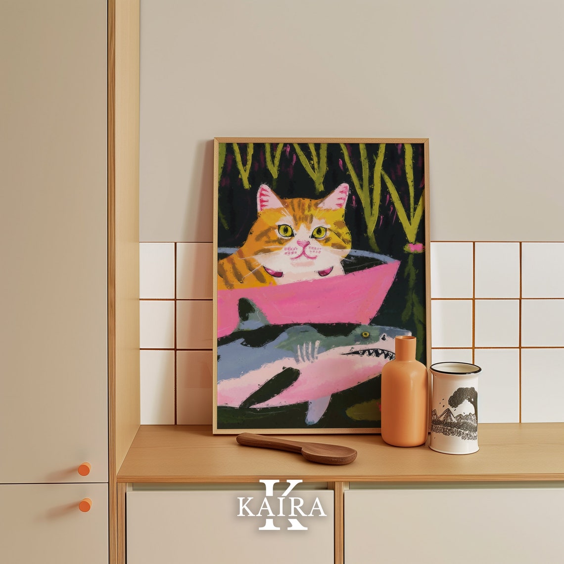 Orange Tabby Cat In Pink Tub With A Friendly Shark Playful Art Poster - Image 4