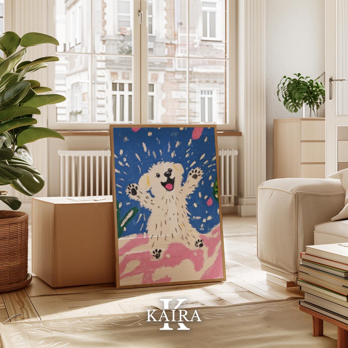 Excited White Puppy Jumping Joyfully In Pink And Blue Snow Poster - Image 3