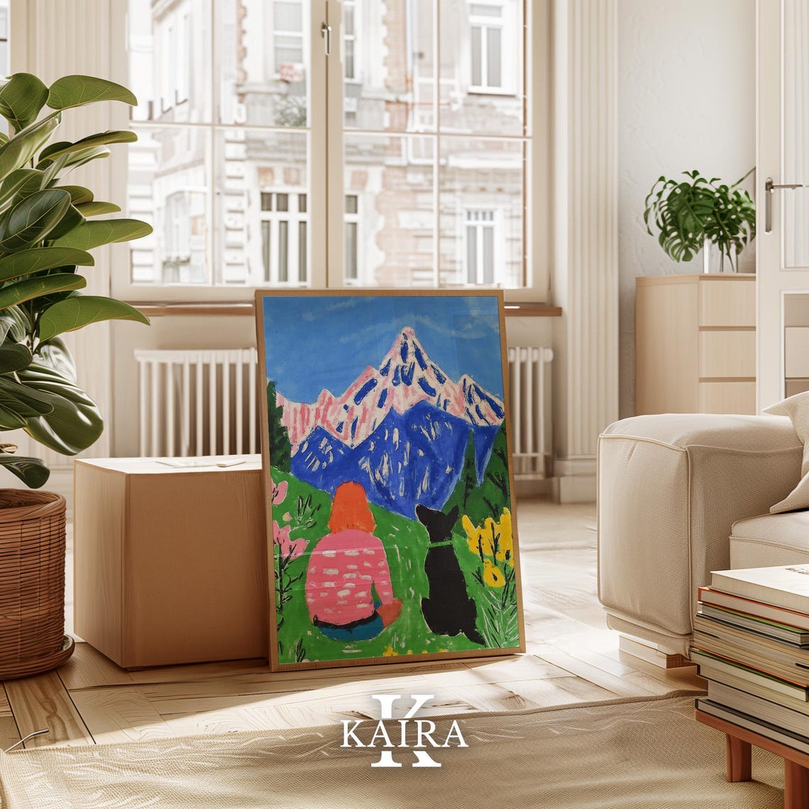 Woman and Dog Watching Snowy Mountains From a Flower Meadow Poster - Image 3