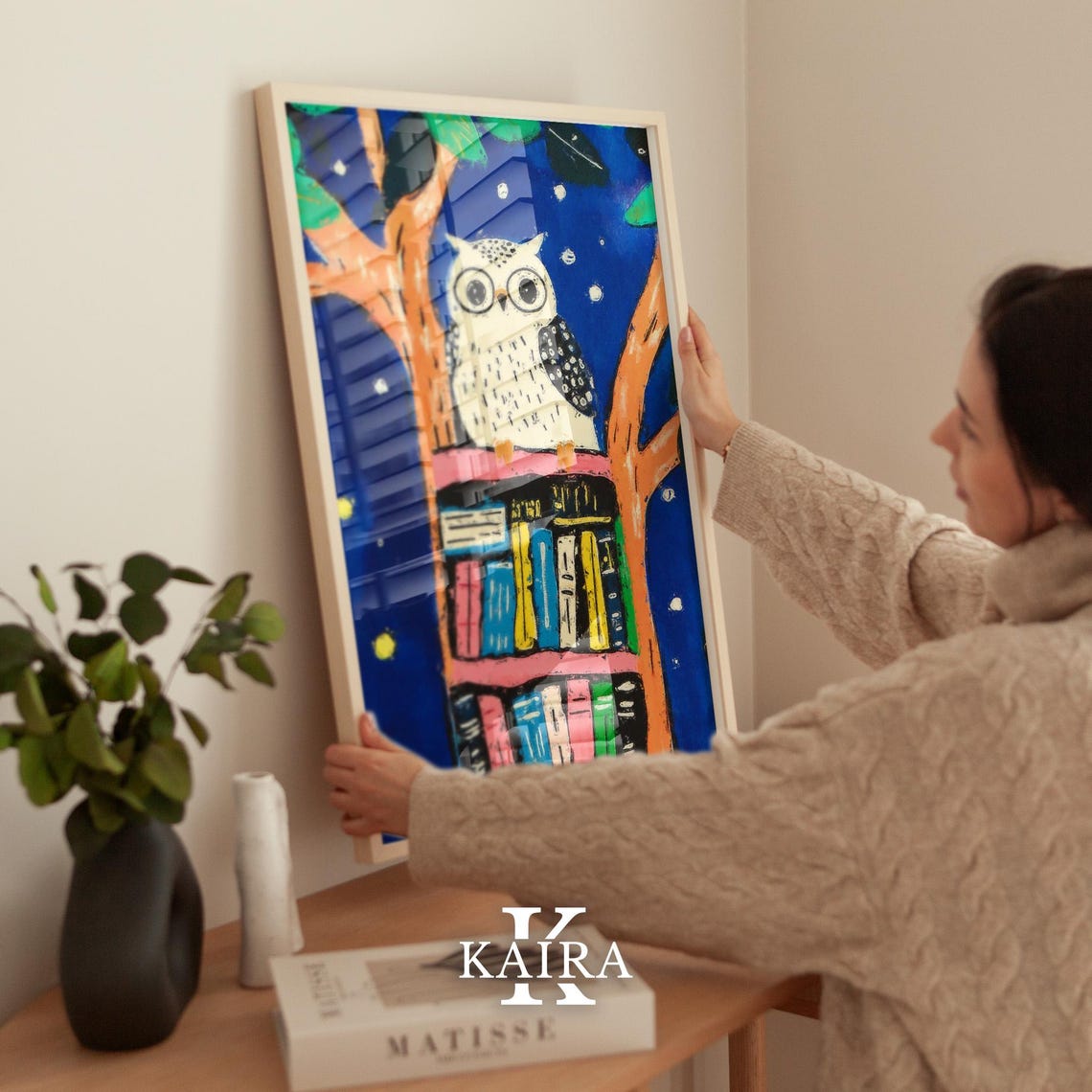 Wide-Eyed White Owl Perched on a Colorful Bookshelf at Night Poster - Image 2